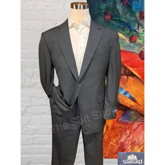 Vintage Y2K Stafford 44R 38x30 Dark Gray Worsted Wool Mens Business Suit NOS - Picture 1 of 16